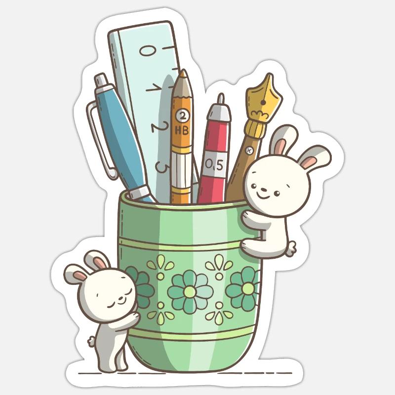 Deux lapins mignons devant un stylo Sticker taille S (10 x 10 cm)