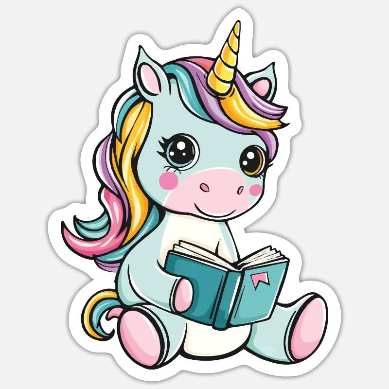 Einhorn mit Buch - Sticker Größe S (10 x 10 cm) - Mattweiß