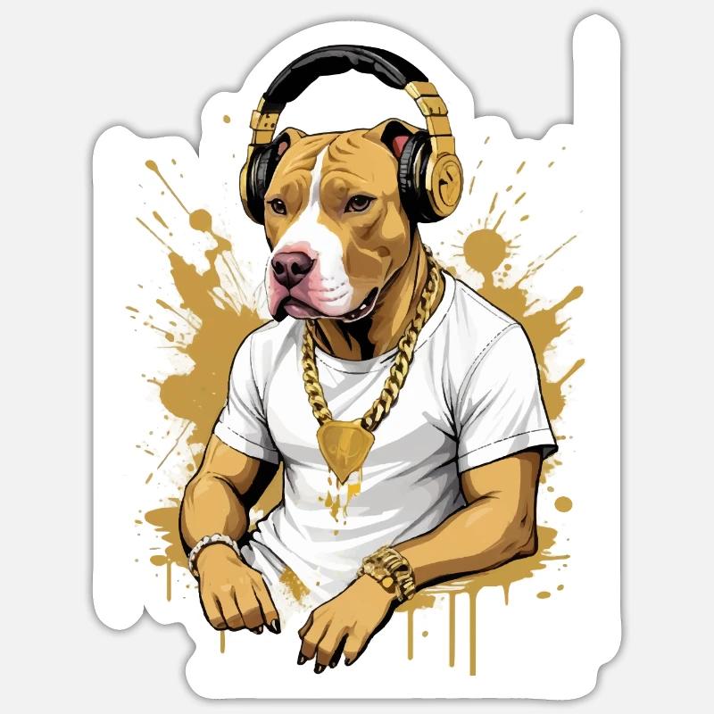 Chien bouledogue avec écouteurs - Sticker taille S (10 x 10 cm) - blanc mat