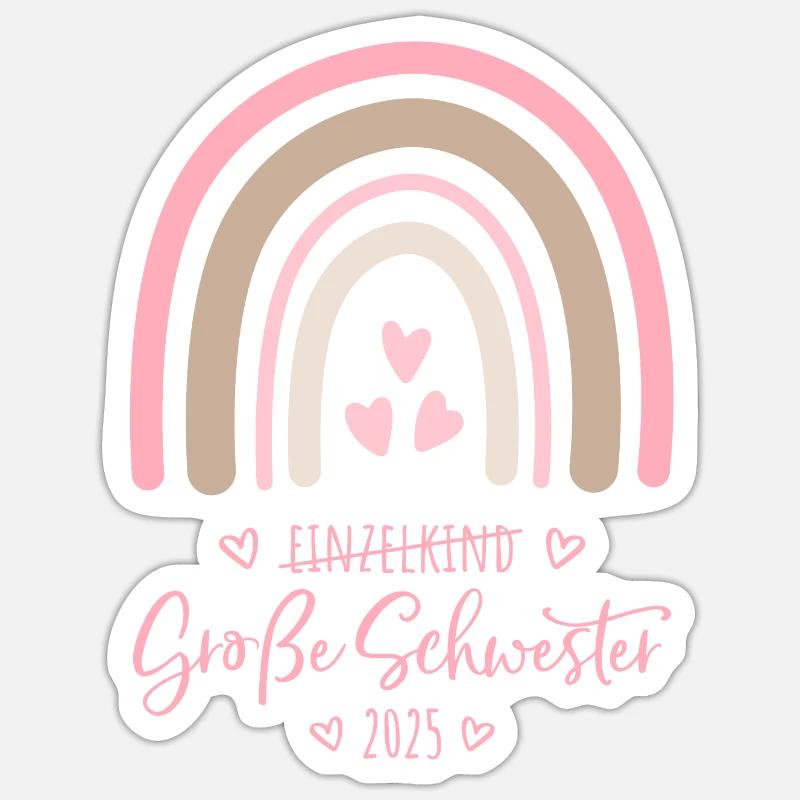 Boho Regenbogen Einzelkind Große Schwester 2025 - Sticker Größe S (10 x 10 cm) - Mattweiß