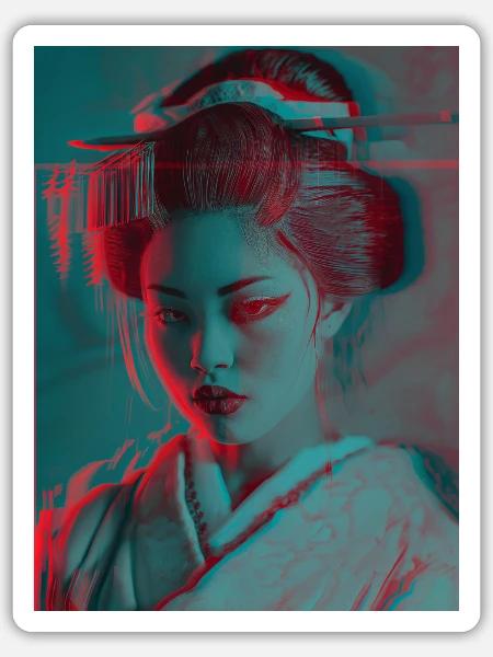 Glitch Geisha Neon-Porträt - Sticker Größe S (10 x 10 cm) - Mattweiß