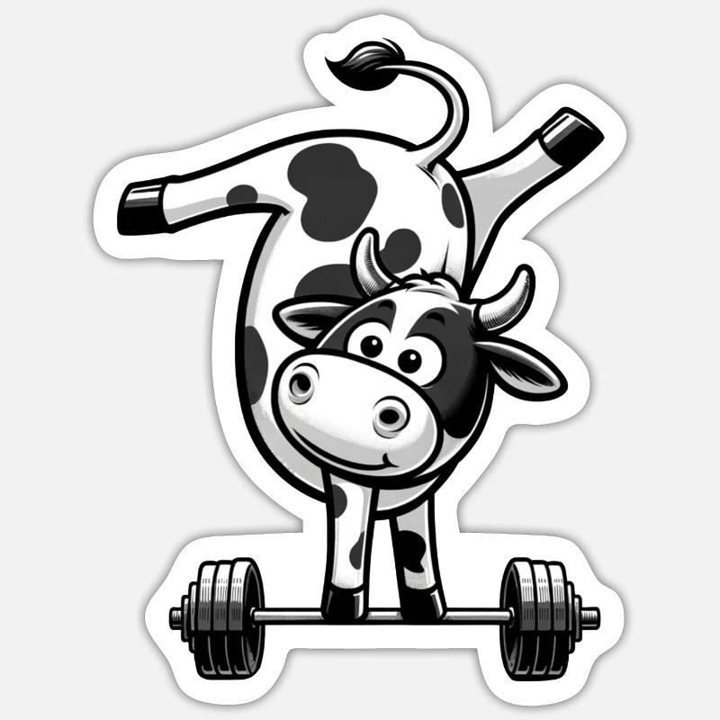 Kuh Bulle Hantel Barbell Handstand Workout - Sticker Größe S (10 x 10 cm) - Mattweiß
