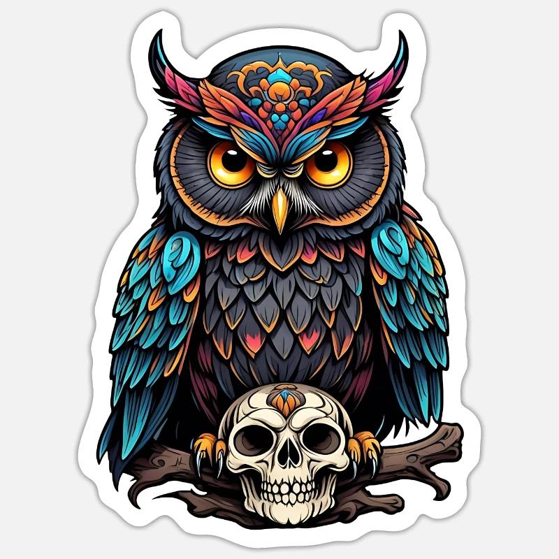 Dekorative bunte Eule mit Schädel Sticker Größe S (10 x 10 cm)