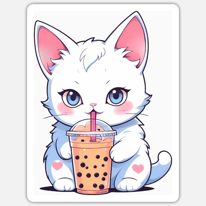 Chat mignon buvant un bubble tea Sticker taille S (10 x 10 cm)