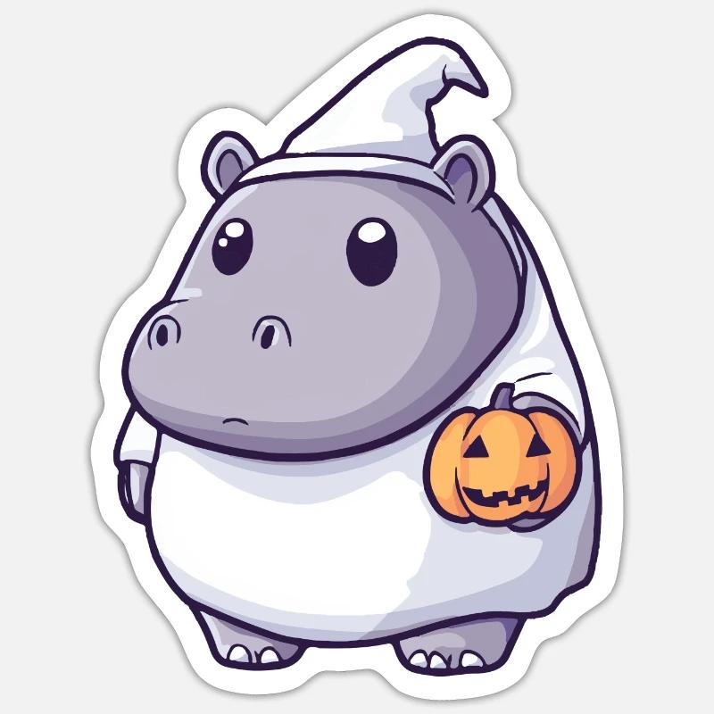 Nilpferd Halloween Comic Geist - Sticker Größe S (10 x 10 cm) - Mattweiß