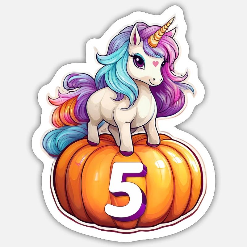 Unicorn Pumpkin Fall 5 – quinto compleanno - Sticker formato S (10 x 10 cm) - bianco opaco
