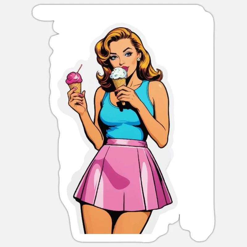 Fille rétro mangeant de la crème glacée Sticker taille S (10 x 10 cm)