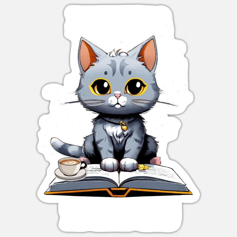 Chat Intello et Café - Sticker size S (10 x 10 cm) - white matte
