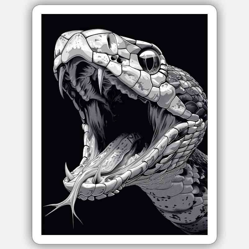 Fanged – Black & White Rattlesnake Artwork Sticker size S (10 x 10 cm)