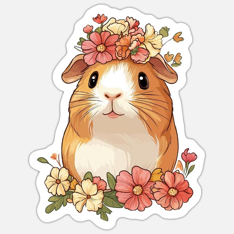 Cochon d’Inde avec des fleurs - Sticker taille S (10 x 10 cm) - blanc mat