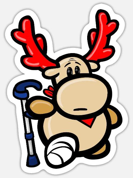 Comic-Rentier Elmondo mit Gipsbein und Krücke - Sticker Größe S (10 x 10 cm) - Mattweiß