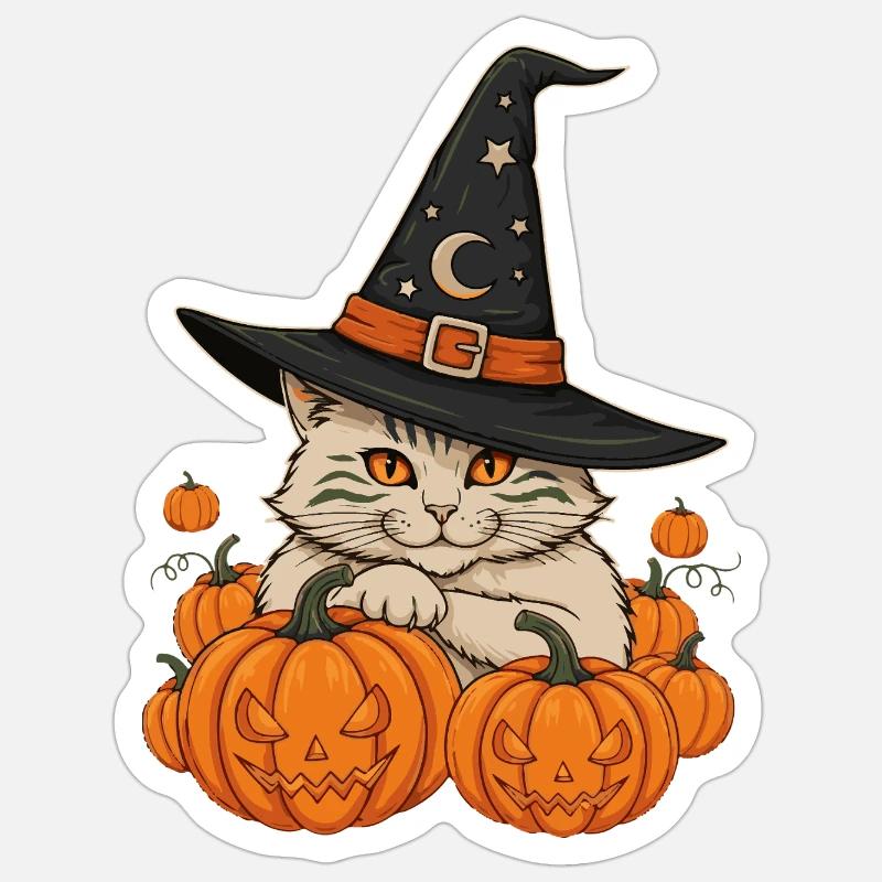 Whiskered Witch Among Pumpkins - Sticker size S (10 x 10 cm) - white matte