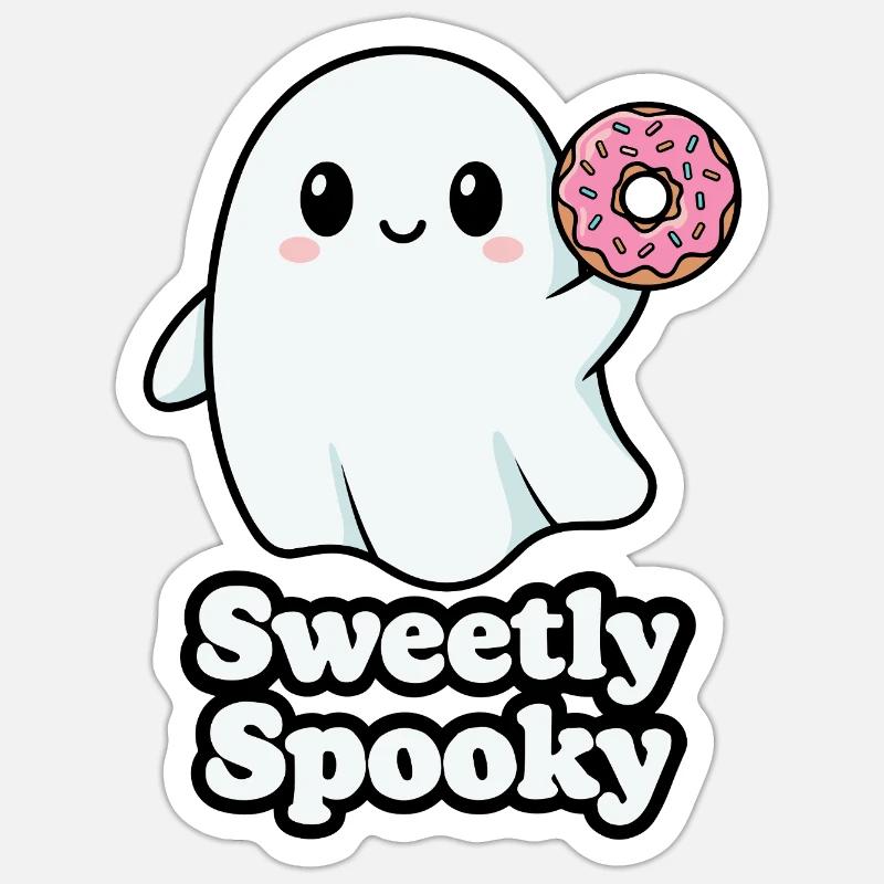 Cute Haunted Ghost with Donut - Sticker size S (10 x 10 cm) - white matte