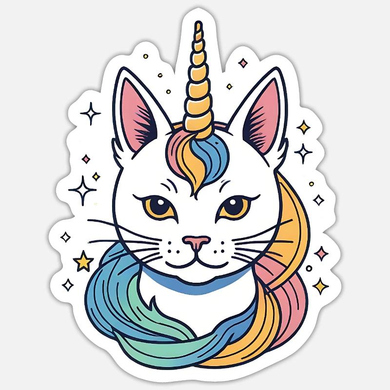 Regenbogen Einhorn Katze - Sticker Größe S (10 x 10 cm) - Mattweiß