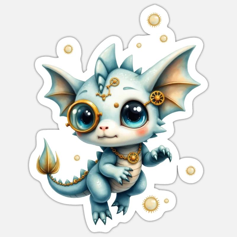 Steampunk Drache mit Lupe - Sticker Größe S (10 x 10 cm) - Mattweiß