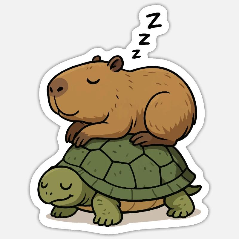 Schlummernder Capybara auf einer Schildkröte - Sticker Größe S (10 x 10 cm) - Mattweiß