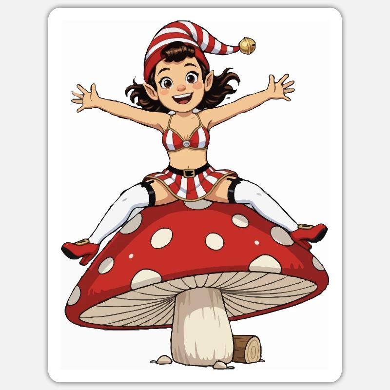 Fille lutin sous champignon - Sticker taille S (10 x 10 cm) - blanc mat