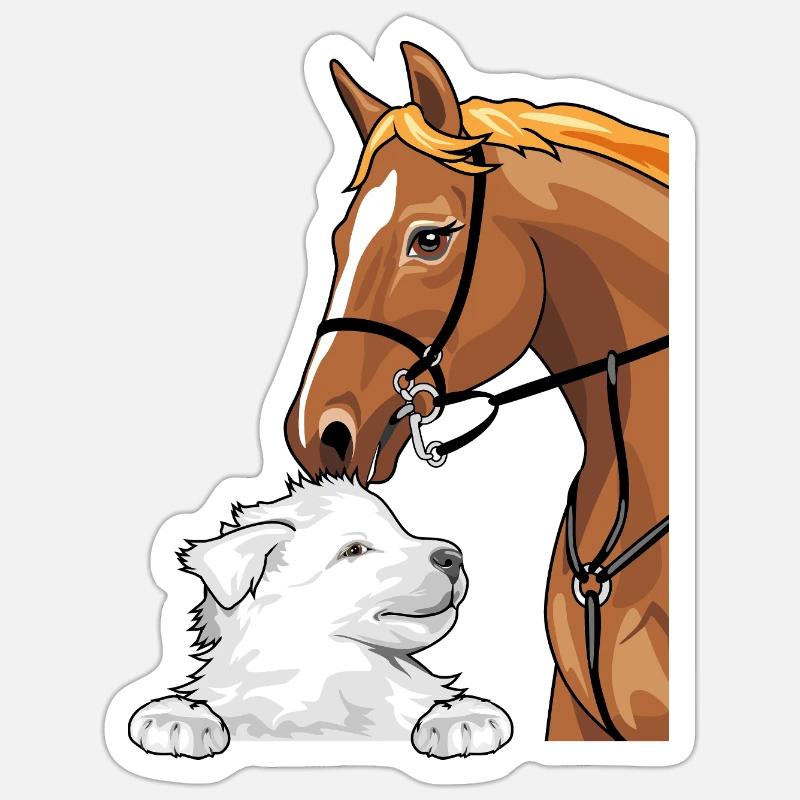 Weißer Schweizer Schäferhund und rotes Pferd Sticker Größe S (10 x 10 cm)