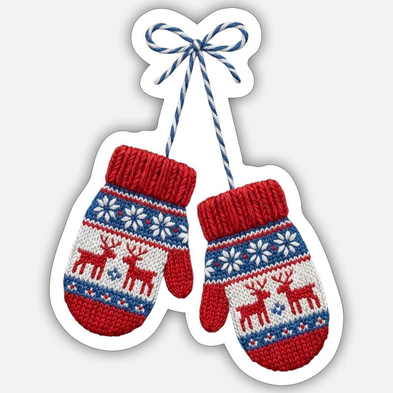 Moufles de Noël brodée (imprimé) - Sticker taille S (10 x 10 cm) - blanc mat