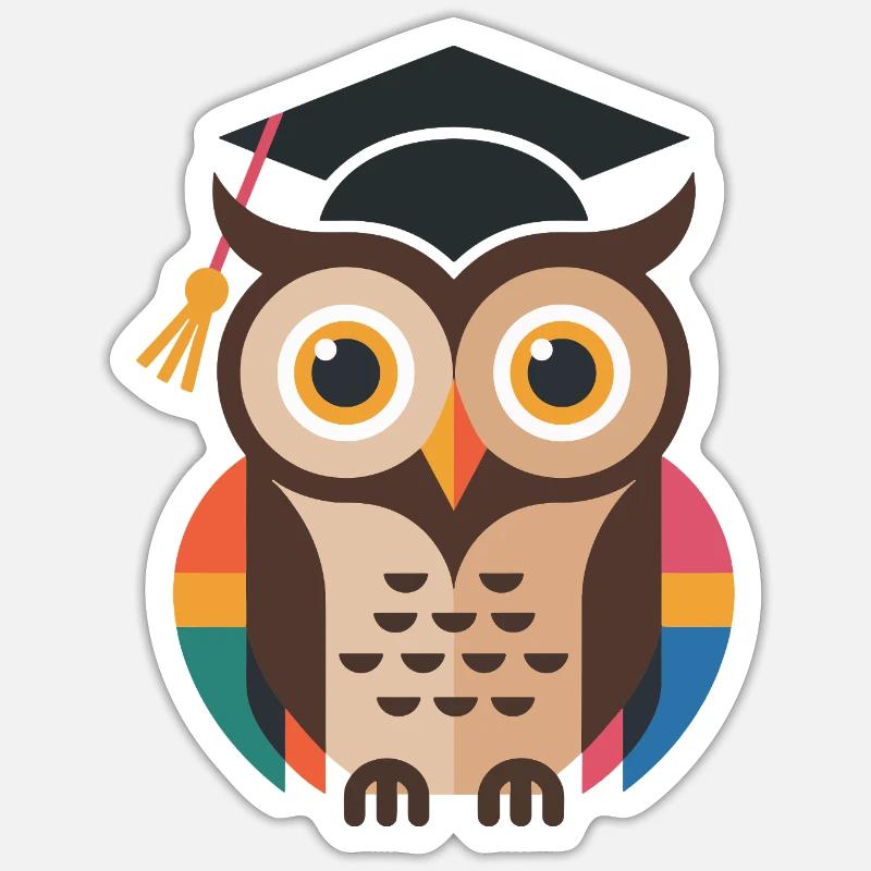 Bunte Abschluss-Eule mit bunten Gefieder - Sticker Größe S (10 x 10 cm) - Mattweiß