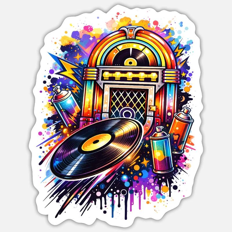 Bunte Jukebox im Graffiti-Style mit Schallplatte - Sticker Größe S (10 x 10 cm) - Mattweiß