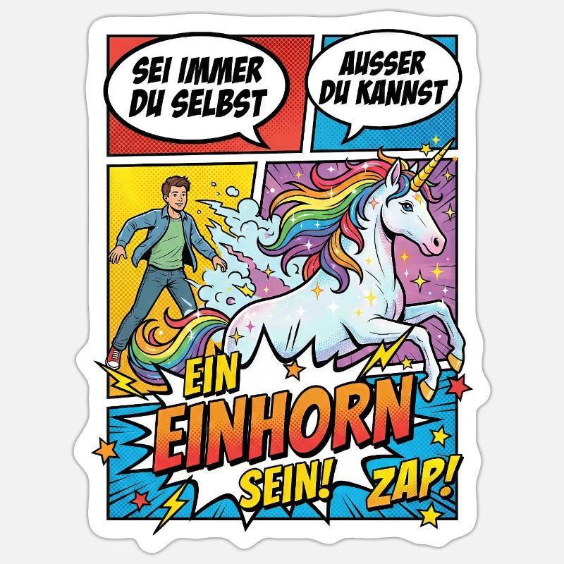 Einhorn Power im Pop-Comic - Sticker Größe S (10 x 10 cm) - Mattweiß