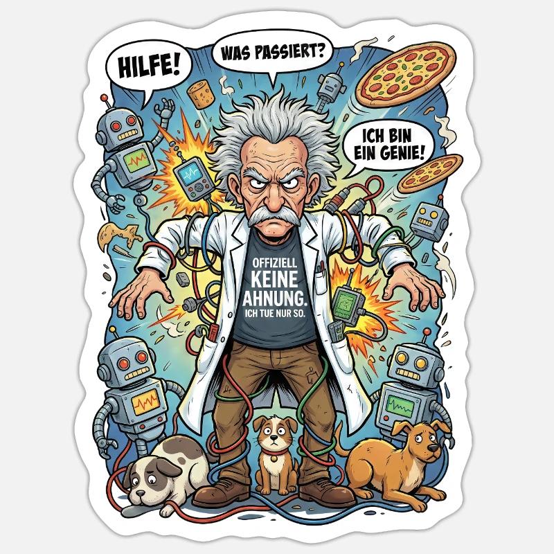 Genie im Chaos: Einstein und Roboter - Sticker Größe S (10 x 10 cm) - Mattweiß
