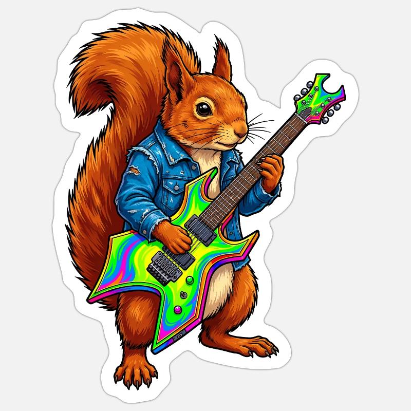 Eichhörnchen mit Jacke und E-Gitarre Sticker Größe S (10 x 10 cm)