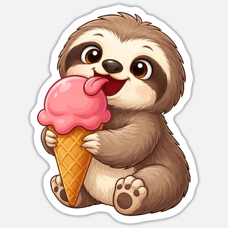 Süßes Faultier mit Eis Cartoon - Sticker Größe S (10 x 10 cm) - Mattweiß