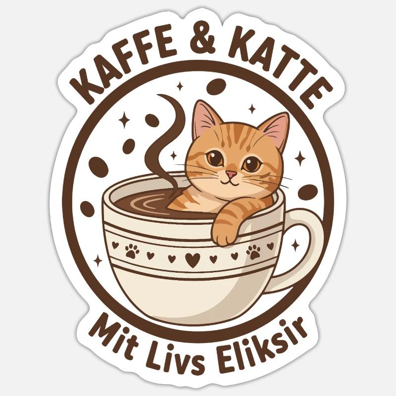 Chat au café en tasse : Élixir Ronron Sticker taille S (10 x 10 cm)