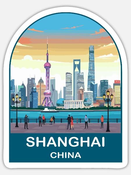 Shanghai China Vintage-Reiseplakat-Kunst - Sticker Größe S (10 x 10 cm) - Mattweiß