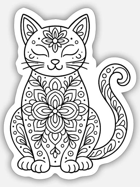 Katze mit Blumen Mandala im Körper zum ausmalen - Sticker Größe S (10 x 10 cm) - Mattweiß