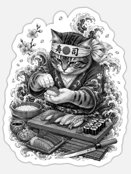 Sushi Katze im japanischen Irezumi Stil - Sticker Größe S (10 x 10 cm) - Mattweiß