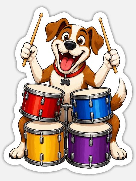 Aufgeregter Hund spielt vierköpfiges Schlagzeug - Sticker Größe S (10 x 10 cm) - Mattweiß