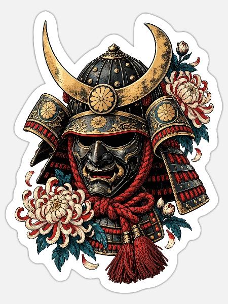 Blüten-Samurai Helm Mask - Sticker Größe S (10 x 10 cm) - Mattweiß