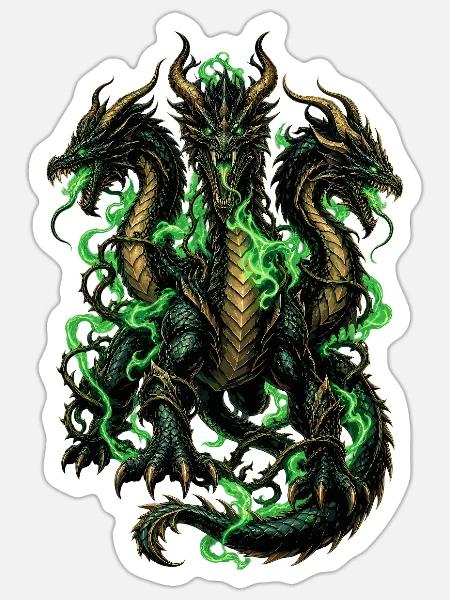 Dreiköpfiger Grünflammen-Drachen - Sticker Größe S (10 x 10 cm) - Mattweiß