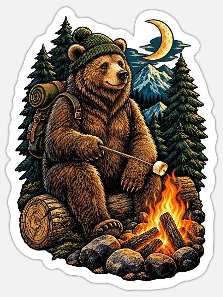 Bär am Lagerfeuer Waldnacht - Sticker Größe S (10 x 10 cm) - Mattweiß