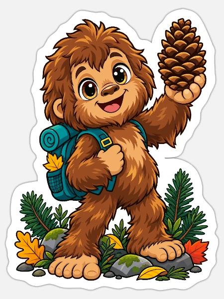 Waldheld Yeti mit Pinienzapfen - Sticker Größe S (10 x 10 cm) - Mattweiß