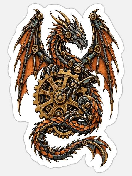 Steampunk Drache mit Zahnrädern - Sticker Größe S (10 x 10 cm) - Mattweiß