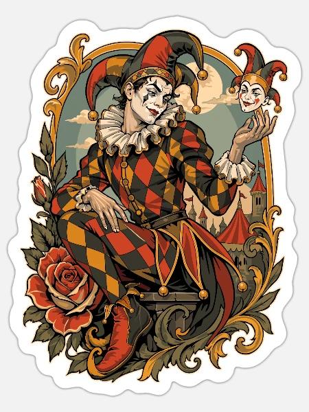 Harlekin der Commedia dell'Arte - Sticker Größe S (10 x 10 cm) - Mattweiß