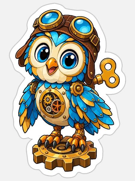 Steampunk-Eule mit Zahnrädern - Sticker Größe S (10 x 10 cm) - Mattweiß