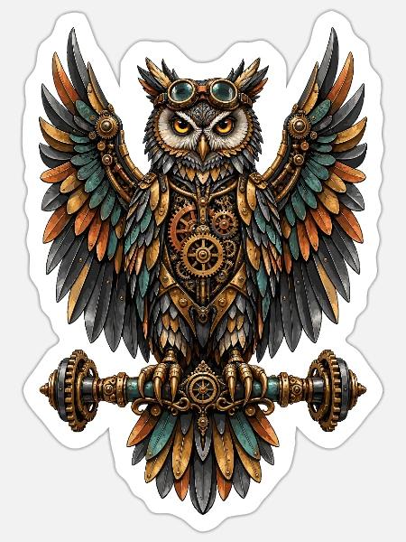 Steampunk-Eule mit Zahnrädern - Sticker Größe S (10 x 10 cm) - Mattweiß