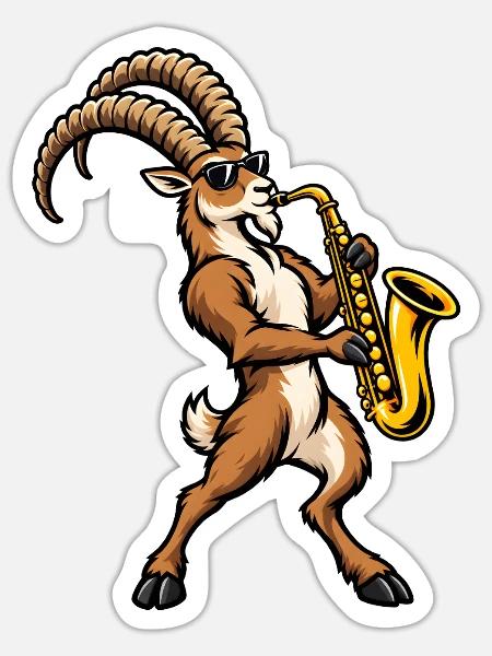 Steinbock mit Saxophon – Sternzeichen - Sticker Größe S (10 x 10 cm) - Mattweiß