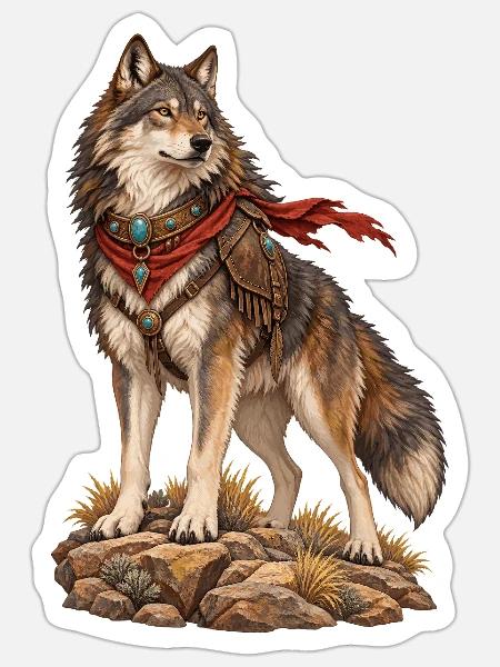 Ritterwolf mit rotem Schal - Sticker Größe S (10 x 10 cm) - Mattweiß