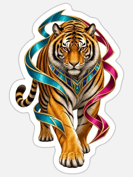 Tiger mit bunten Bändern Ornament - Sticker Größe S (10 x 10 cm) - Mattweiß