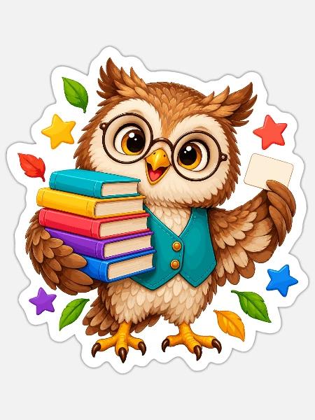 Lernende Eule mit Büchern - Sticker Größe S (10 x 10 cm) - Mattweiß