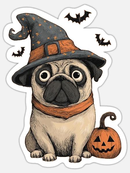 Mops Halloween - Sticker Größe S (10 x 10 cm) - Mattweiß