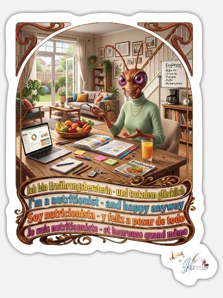Heuschrecke JOGUE Ernährungsberaterin 4 Sprachen - Sticker Größe S (10 x 10 cm) - Mattweiß