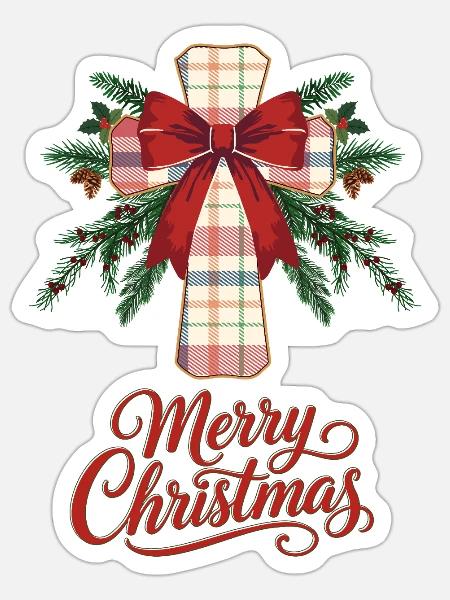 Frohe Weihnachten Karokreuz mit roter Schleife - Sticker Größe S (10 x 10 cm) - Mattweiß