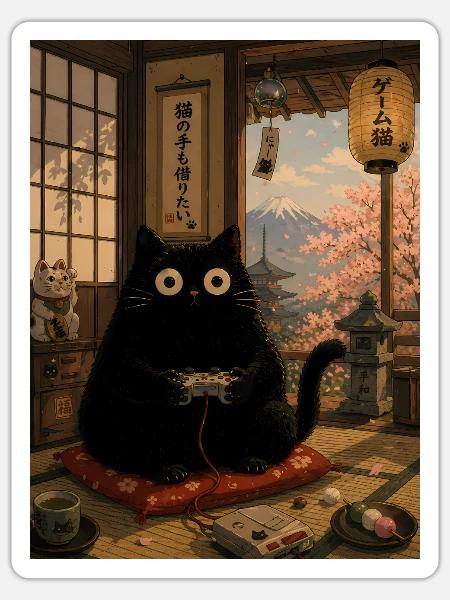 Lustiges Japan Katze Gaming Ramen - Sticker Größe S (10 x 10 cm) - Mattweiß